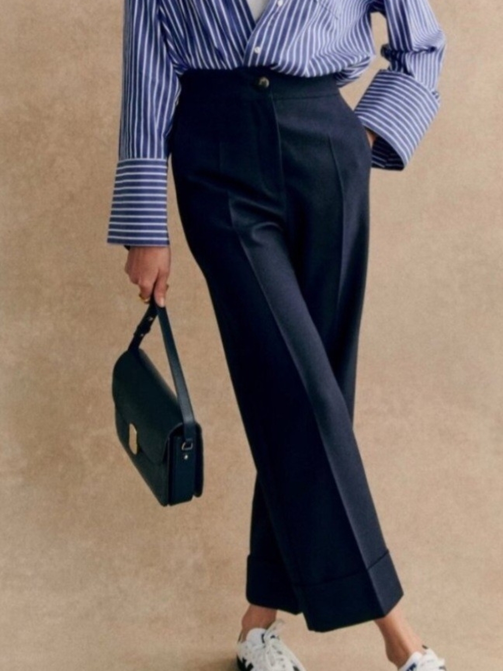 Sezane Damon Navy Cropped/Ankle Wool Blend Trousers Size 34